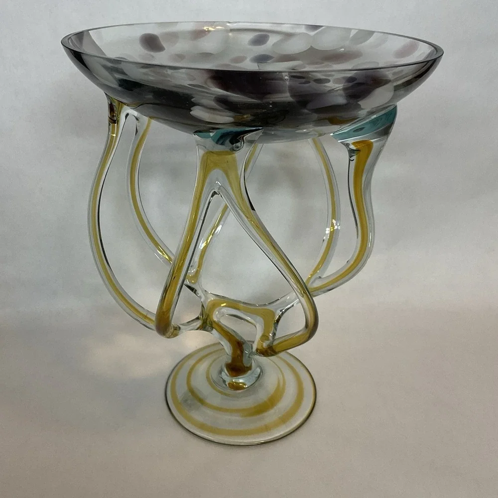 Vintage Jozefina Krosno Poland Cobalt Art Glass Jellyfish Pedestal Bowl 9